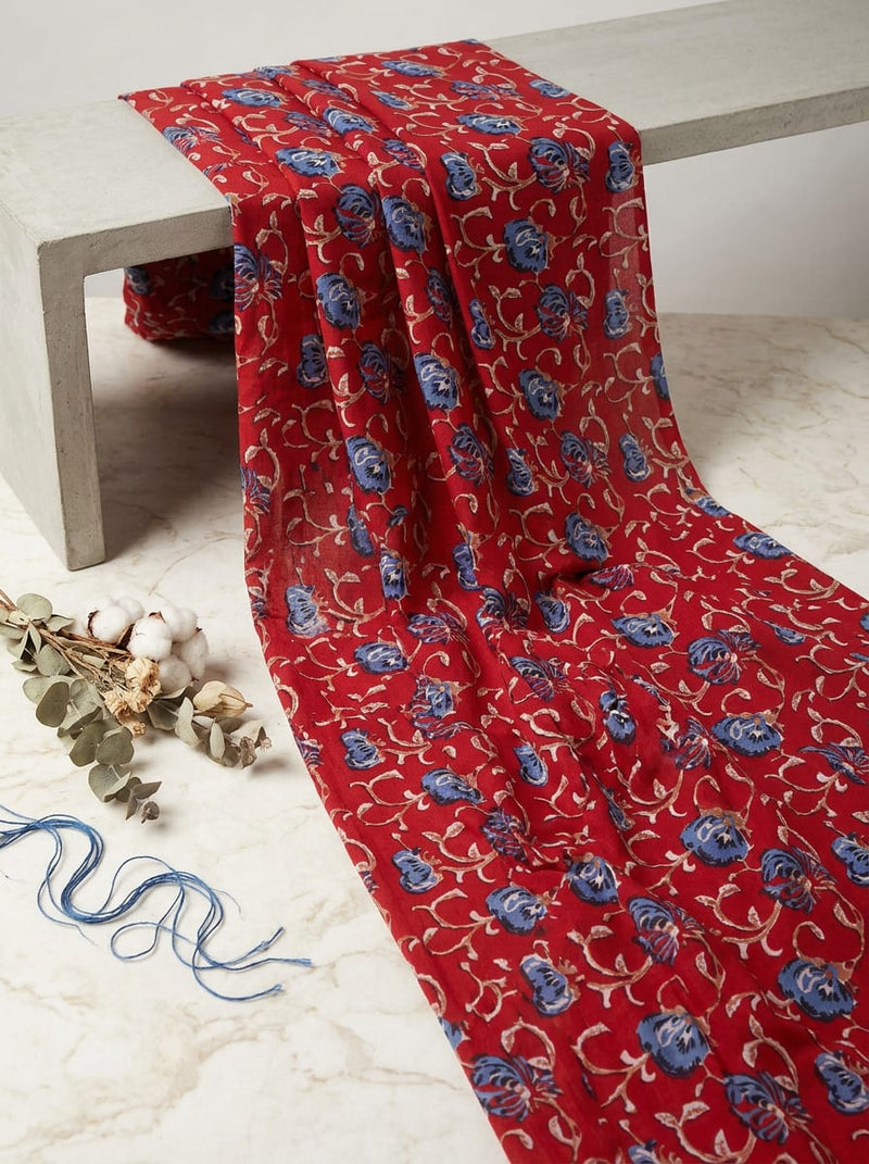 Red Traditional Ethnic Floral Vine Muslin Digital Printed Fabric