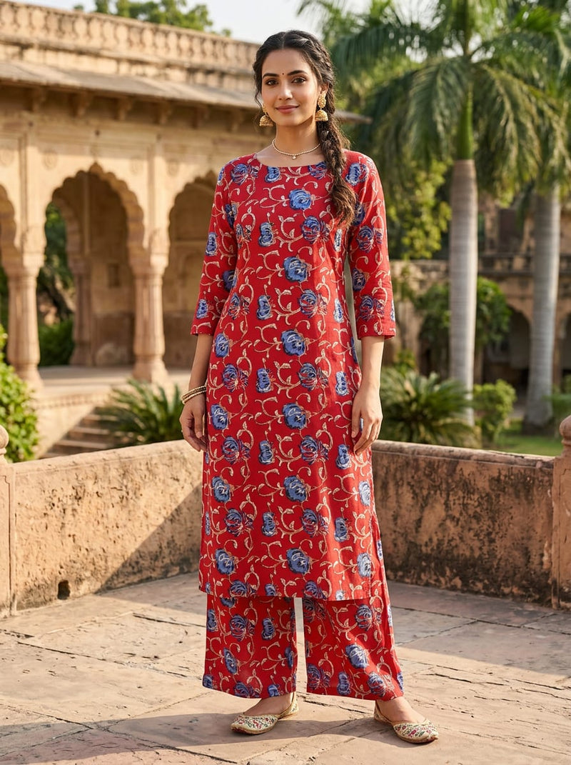 Red Traditional Ethnic Floral Vine Muslin Digital Printed Fabric