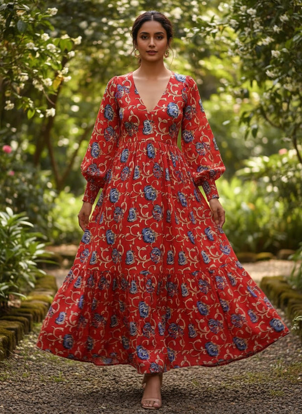 Blue Floral Print Muslin Fabric - Flowy Maxi Dress Lookbook - MU-0-PA10906-110 - alternate view
