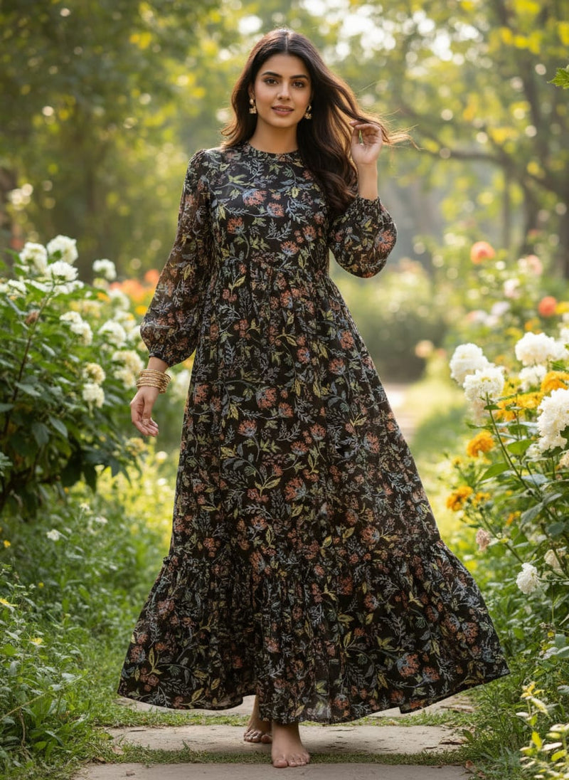 Black Muslin Fabric with Floral Print
