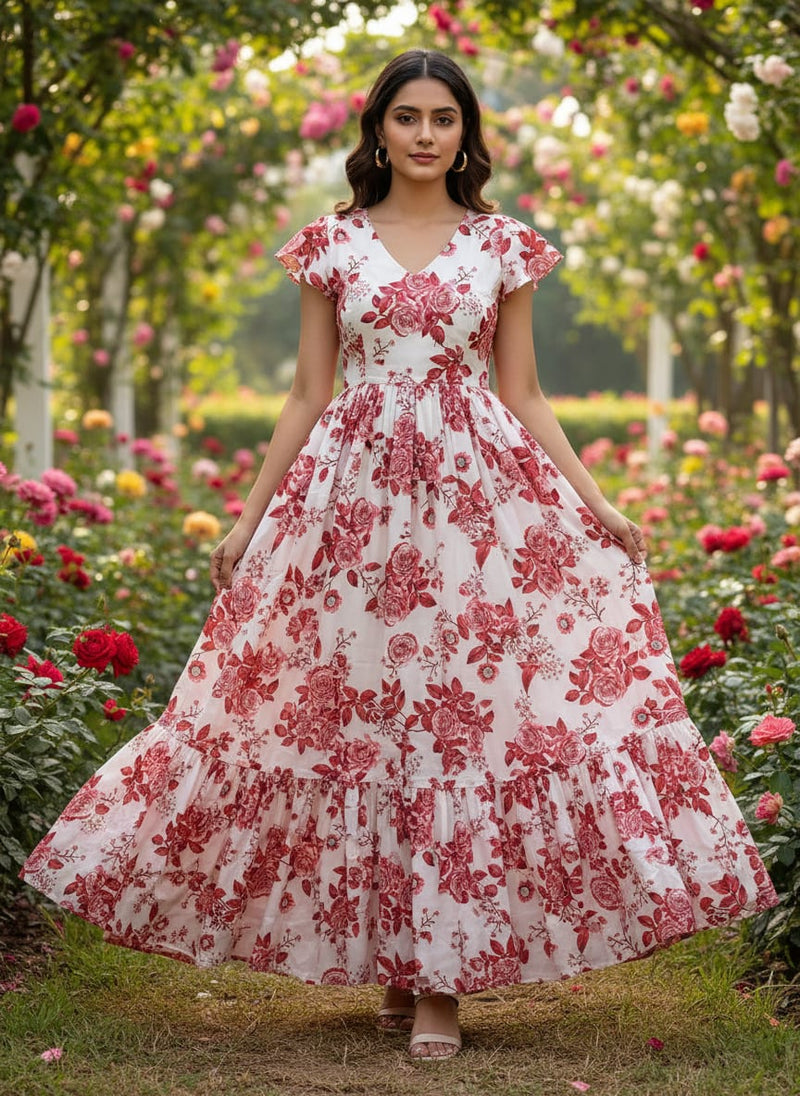 Red Roses Printed Muslin Fabric