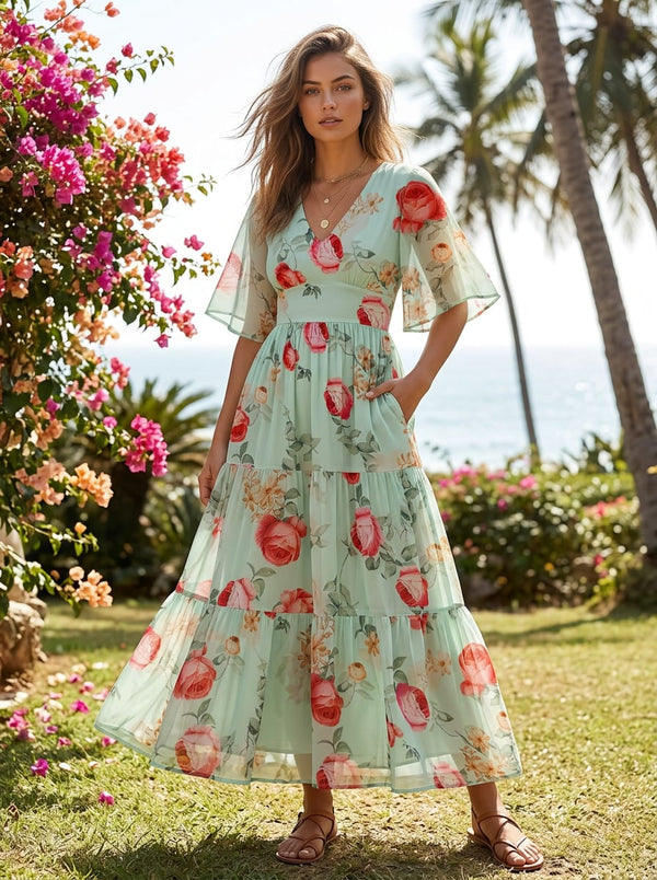 Multicolor Painterly English Rose Floral Muslin Digital Printed Fabric - Flowy Maxi Dress Lookbook - MU-0-TA077592-110 - alternate view