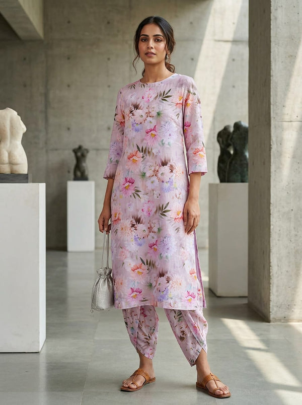 Multicolor Soft Painterly Floral Garden Linen Digital Printed Fabric - Dhoti Pants with Kurta Lookbook - POLI-0-AA134-110 - alternate view