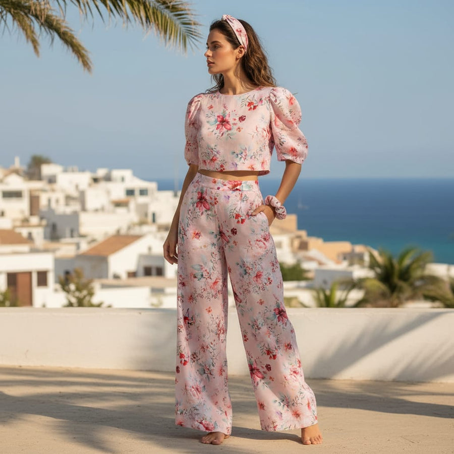 Linen Fabric with Pink Floral Print