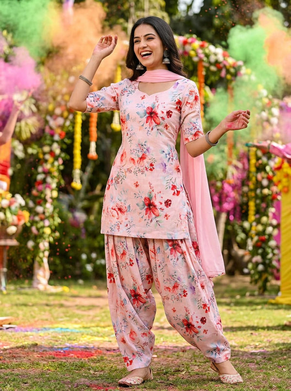 Pink Watercolor Floral Garden Pattern Linen Digital Printed Fabric - Patiala Salwar Set Lookbook - POLI-0-AA135-110 - alternate view