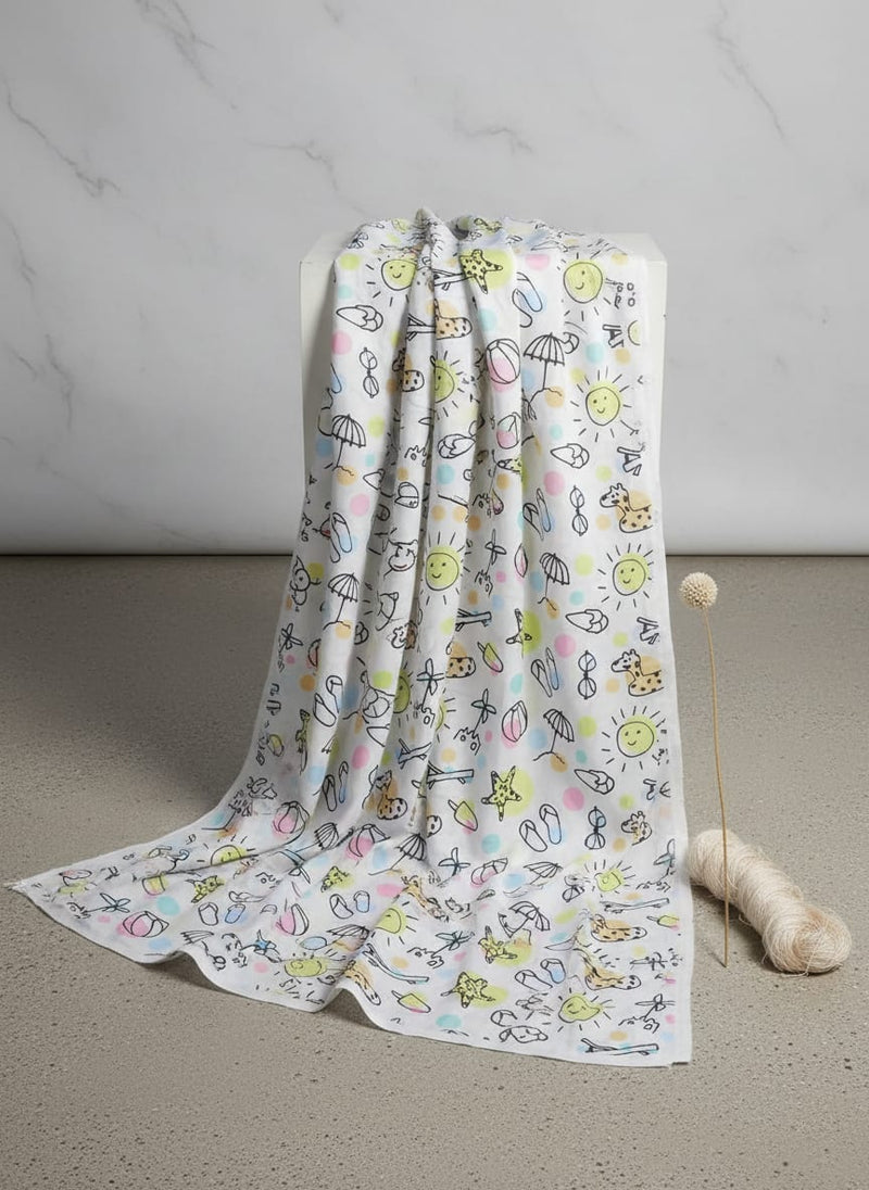 Linen Fabric with Fun Summer Beach Themed Print