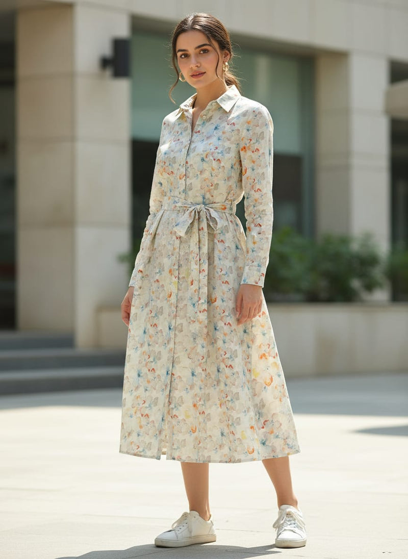 Linen Fabric with Multicolor Floral Print