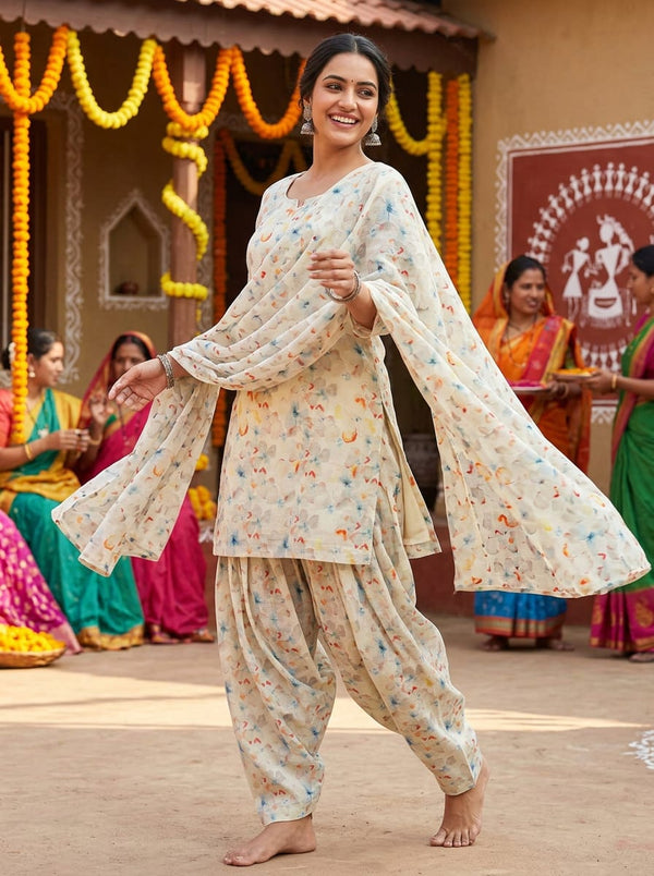 Multicolor Painterly Watercolour Floral Linen Digital Printed Fabric - Patiala Salwar Set Lookbook - POLI-0-AA137-110 - alternate view