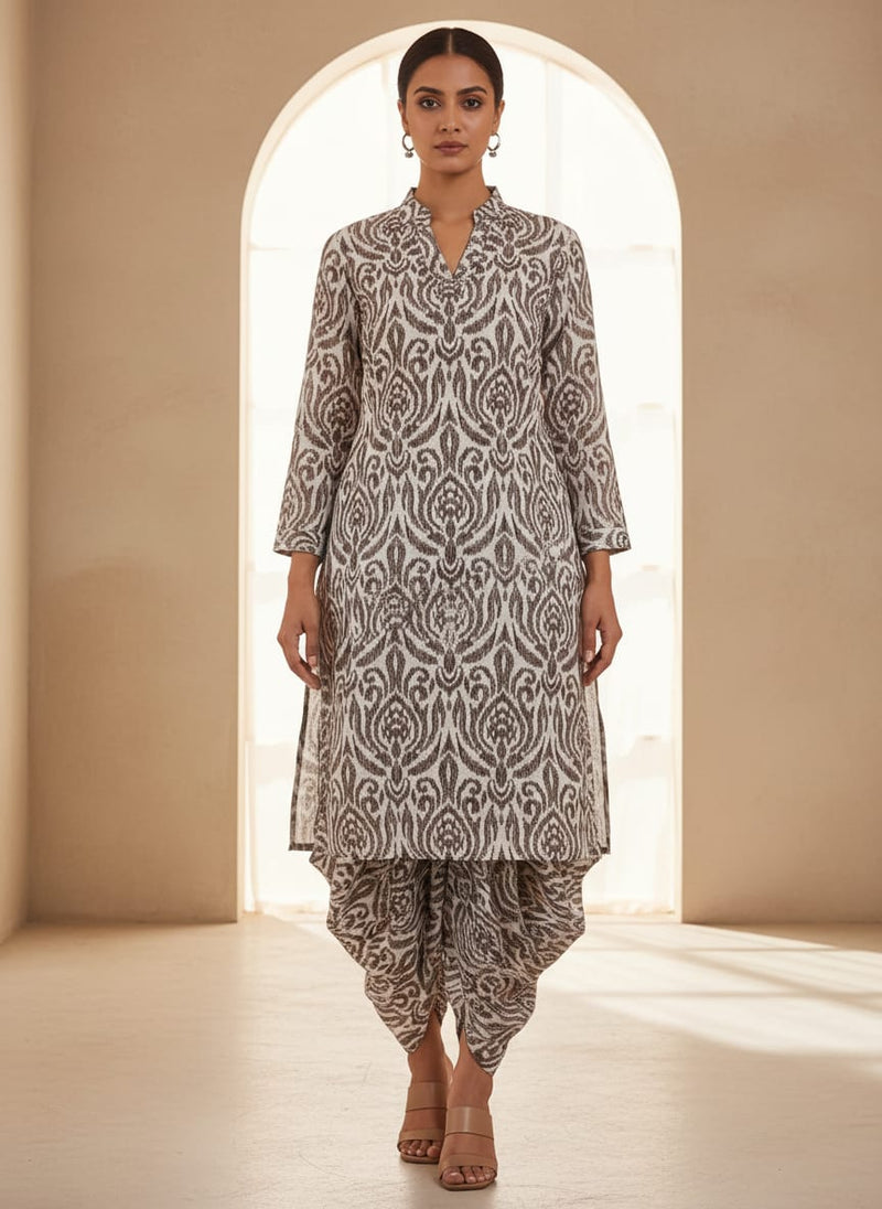 Linen Fabric with Damask Print