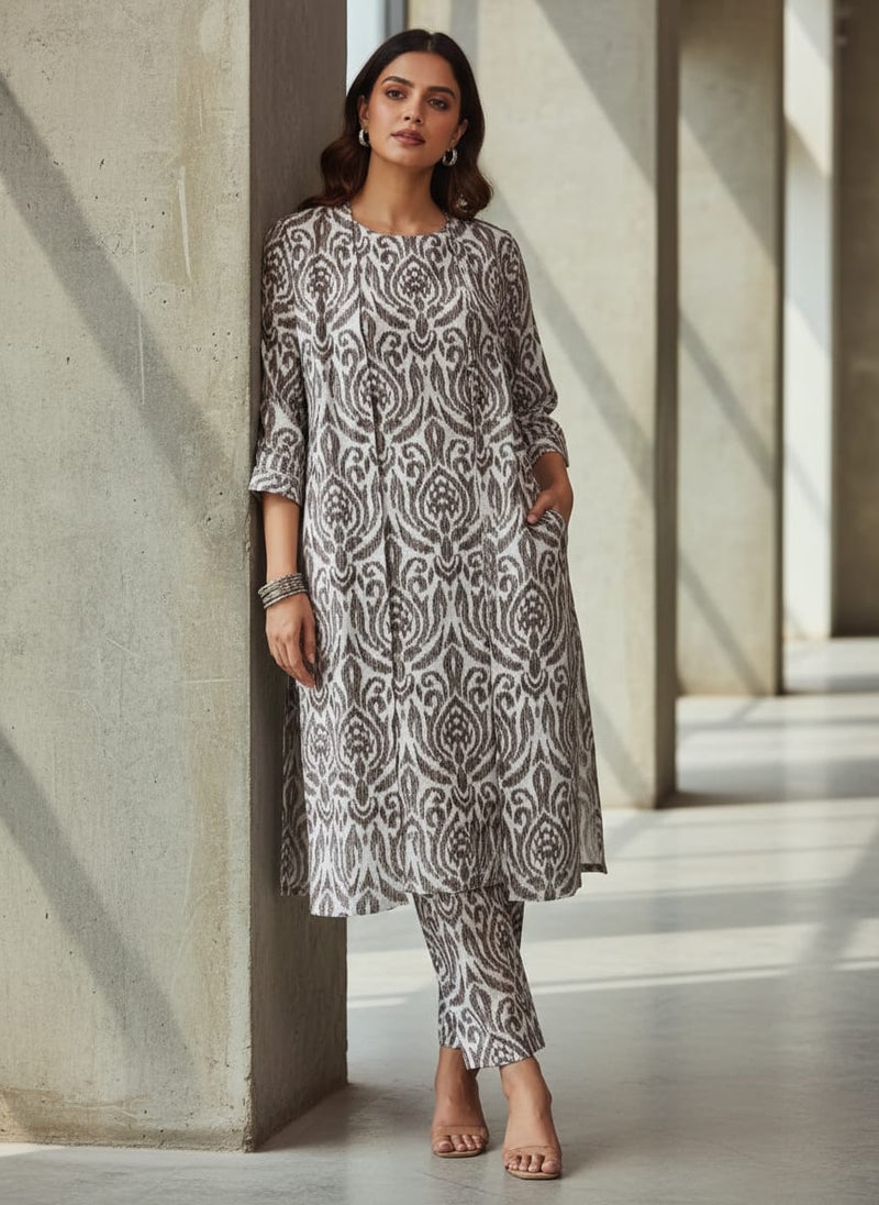 Linen Fabric with Damask Print