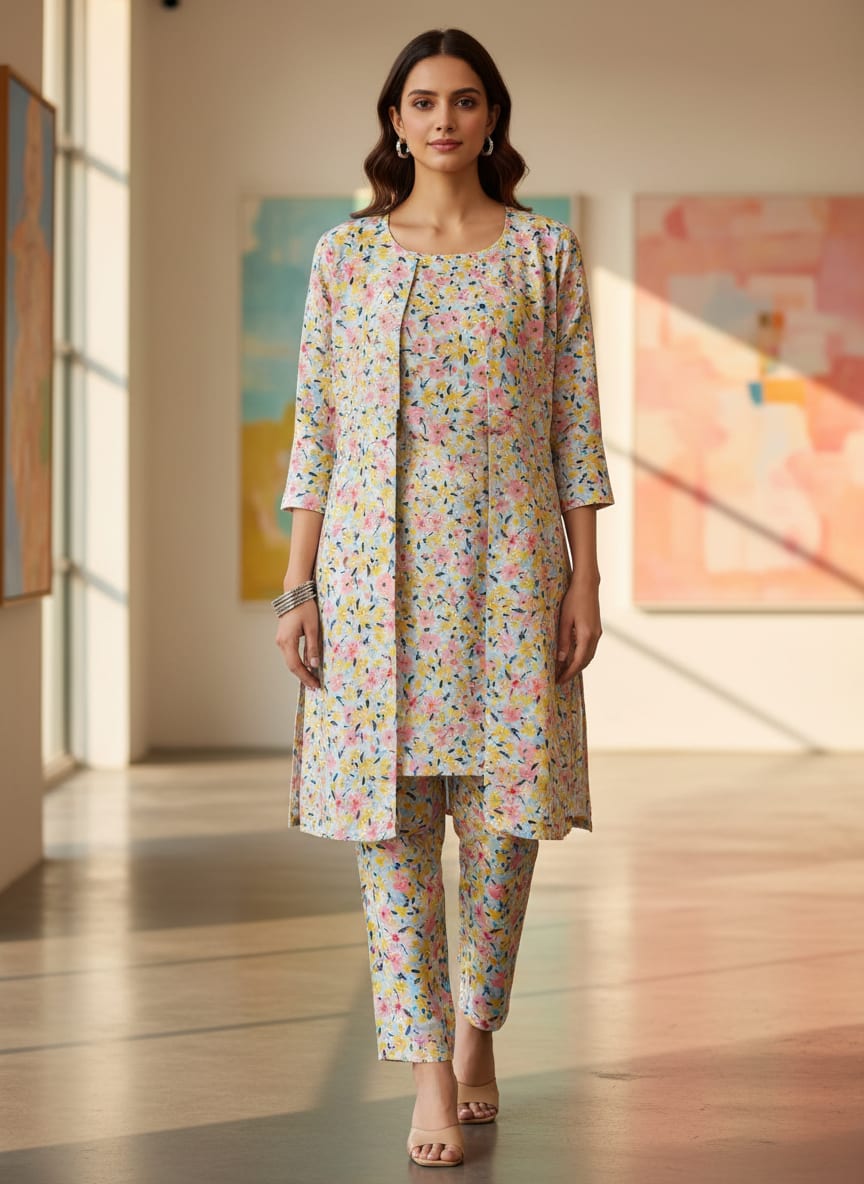 Linen Fabric with Pink, Yellow and Blue Floral Print
