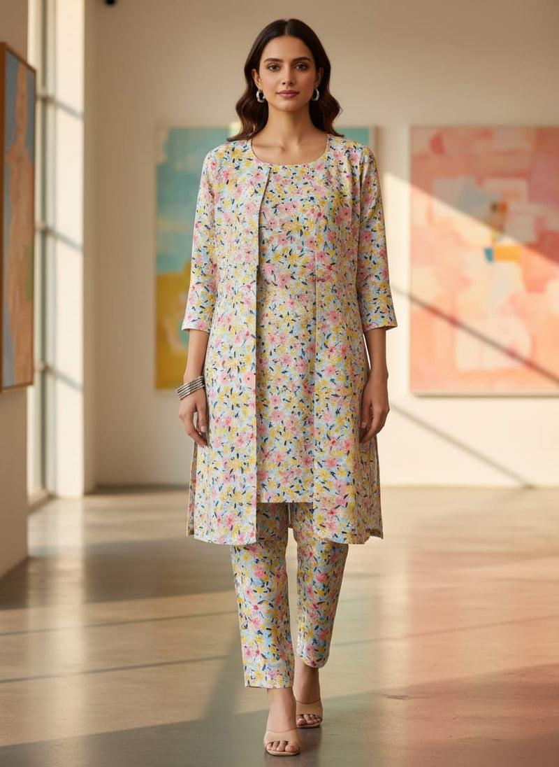 Linen Fabric with Pink, Yellow and Blue Floral Print