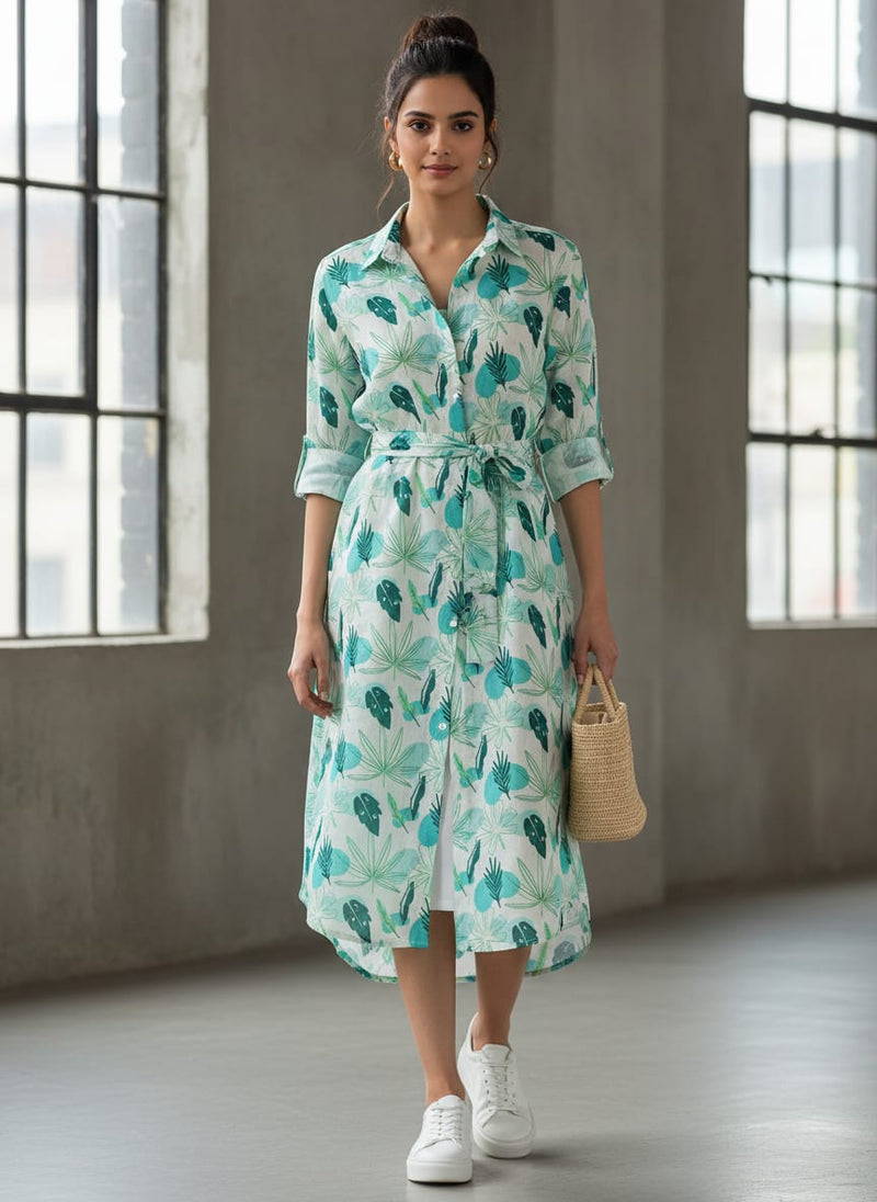 Linen Blend Fabric with Abstract Leaf Print