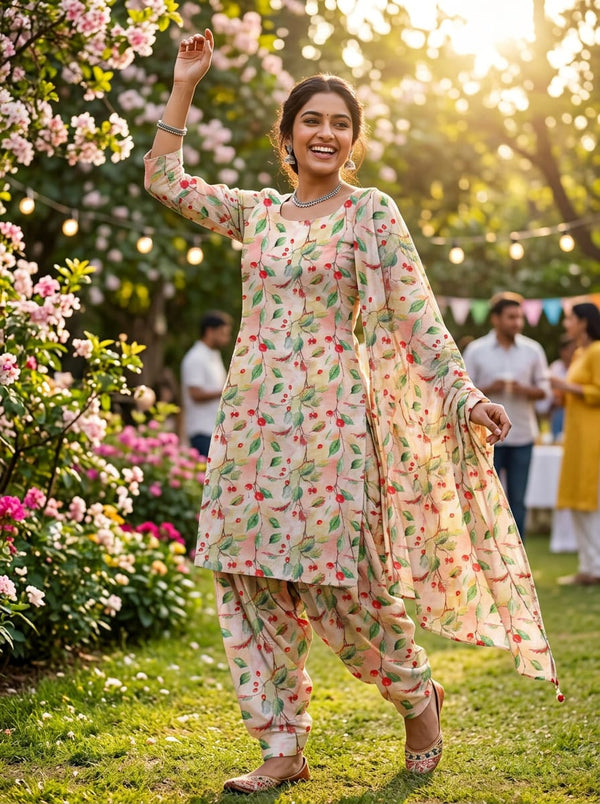 Multicolor Watercolor Berry Branch Linen Digital Printed Fabric - Patiala Salwar Set Lookbook - POLI-0-AA141-110 - alternate view