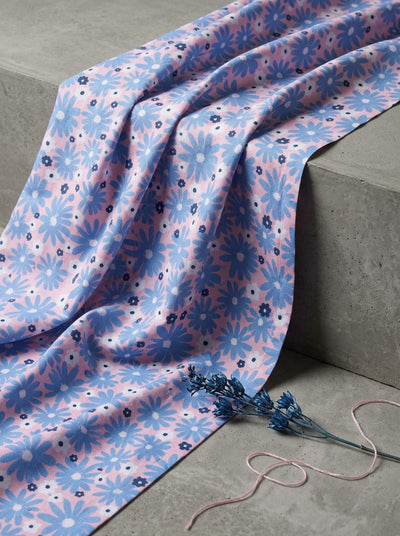 Pink Ditsy Daisy Floral Linen Digital Printed Fabric