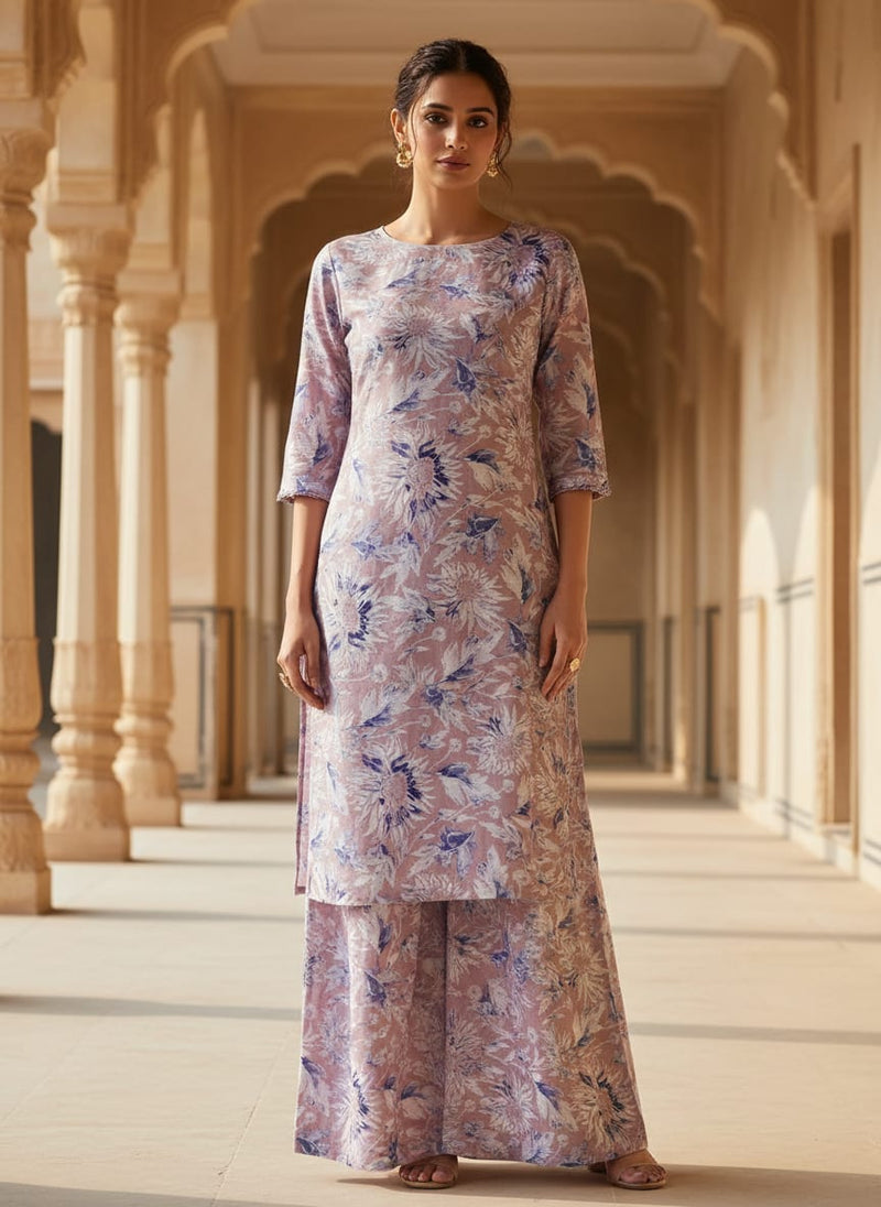 Lilac Floral Printed Linen Fabric