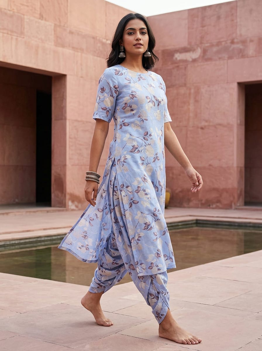 Blue Muted Rose Floral Linen Digital Printed Fabric