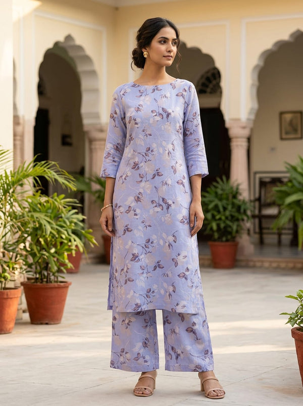 Blue Muted Rose Floral Linen Digital Printed Fabric - Straight Kurta with Palazzo Lookbook - POLI-0-AA146-110 - alternate view