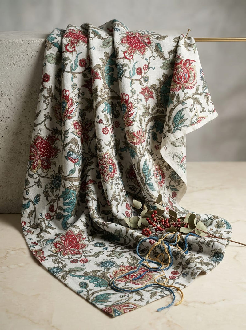 Multicolor Ethnic Kalamkari Style Floral Linen Digital Printed Fabric