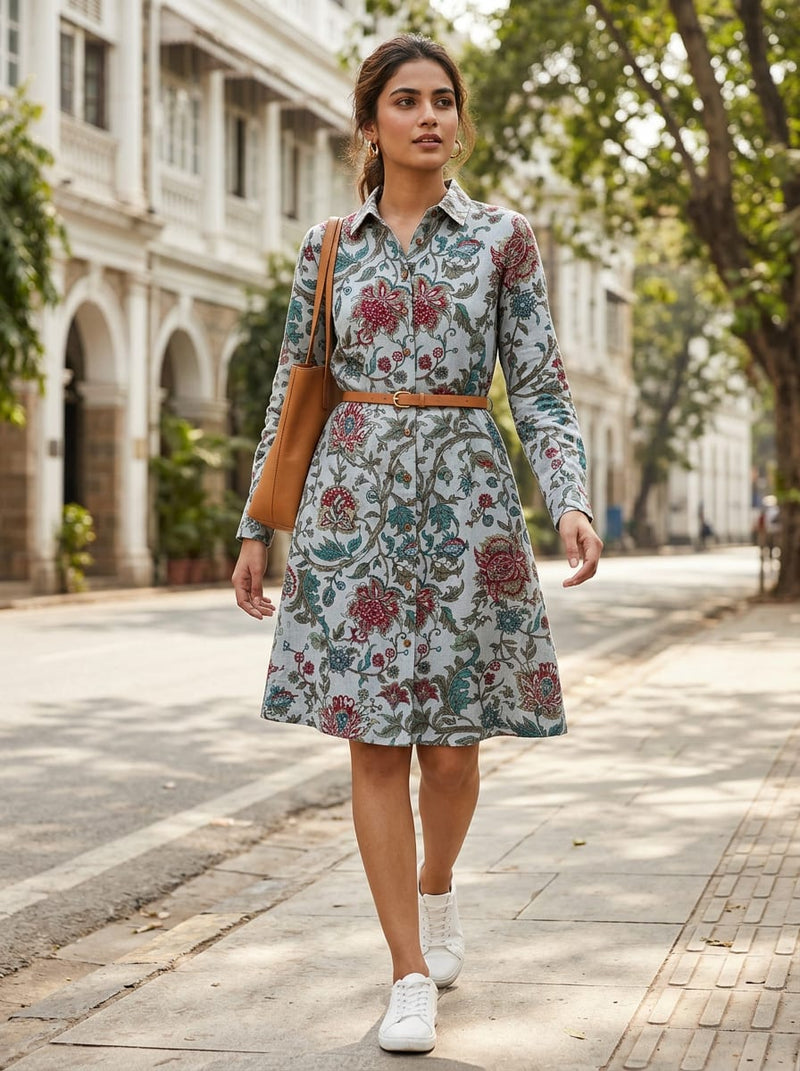 Multicolor Ethnic Kalamkari Style Floral Linen Digital Printed Fabric