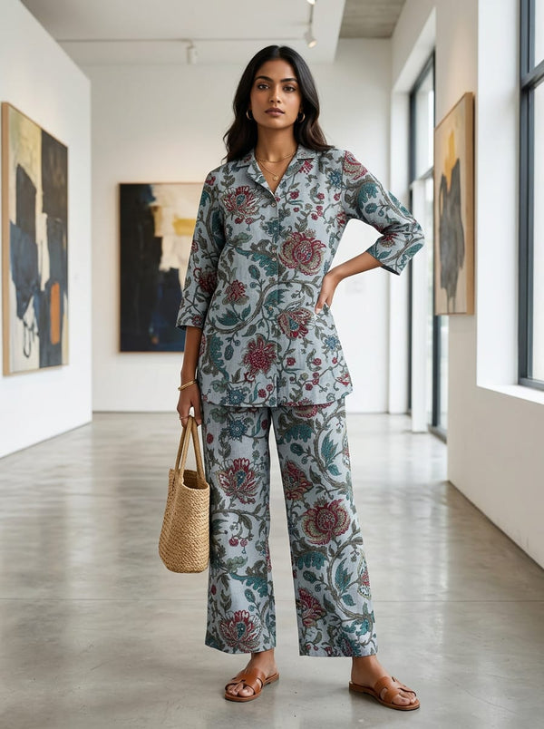 Multicolor Ethnic Kalamkari Style Floral Linen Digital Printed Fabric - Co-ord Set with Wide Leg Pants Lookbook - POLI-0-AA147-110 - alternate view