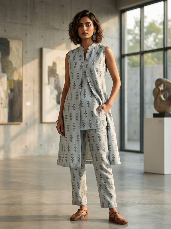 Grey and Brown Ethnic Botanical Motif Linen Digital Printed Fabric - Jacket Kurta with Straight Pants Lookbook - POLI-0-AA148-110 - alternate view