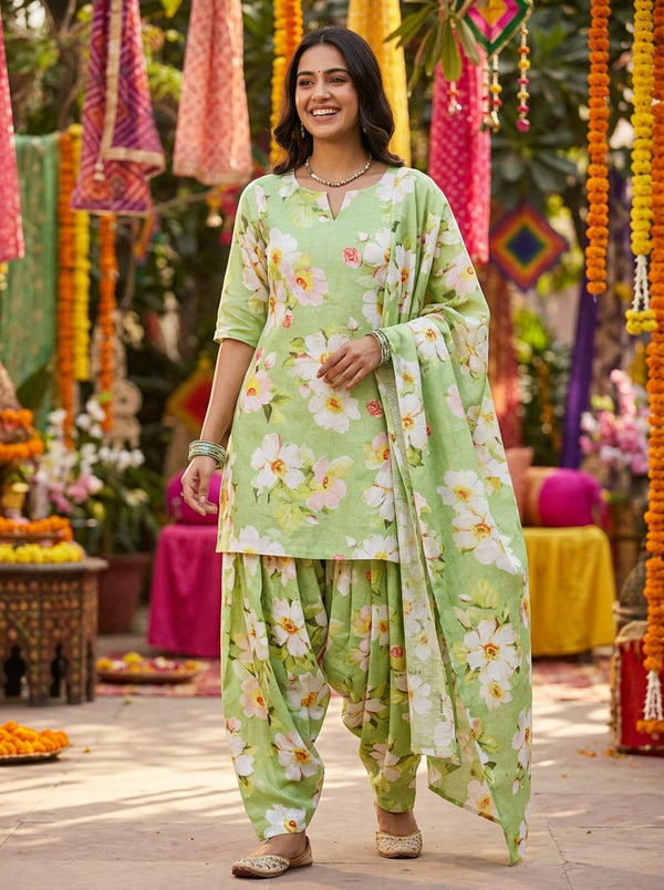 Green White Floral Bloom Linen Digital Printed Fabric - Patiala Salwar Set Lookbook - POLI-0-AA167-110 - alternate view