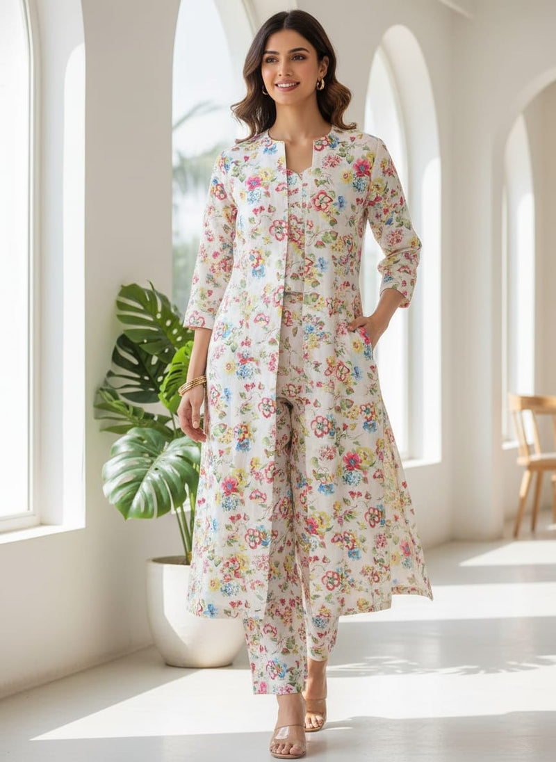 Linen Fabric with Pink, Blue and Yellow Floral Print