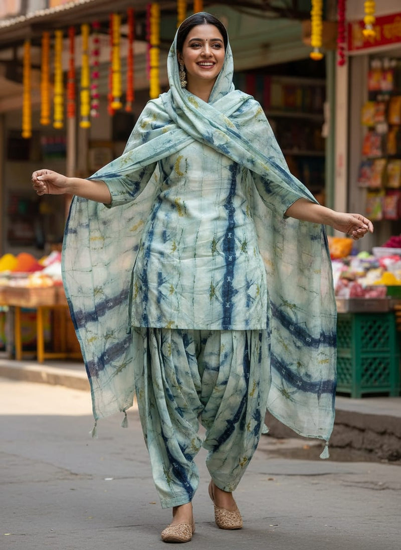 Blue and Green Hand Block Printed Linen Fabric