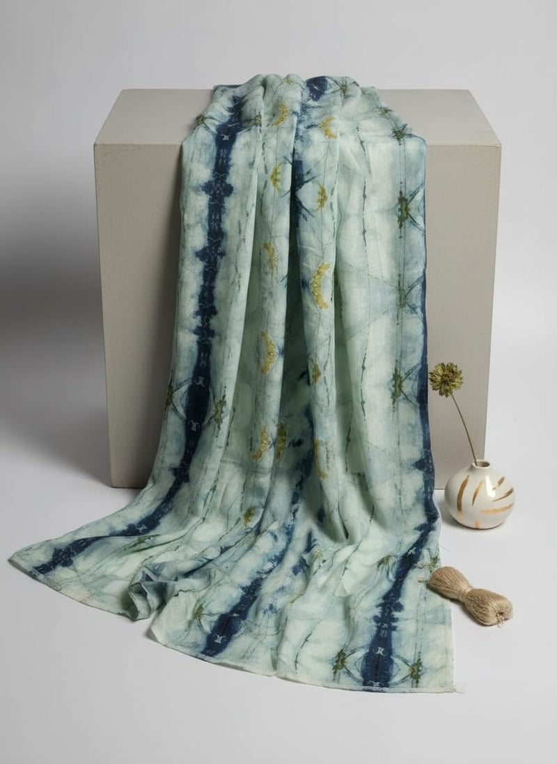 Blue and Green Hand Block Printed Linen Fabric