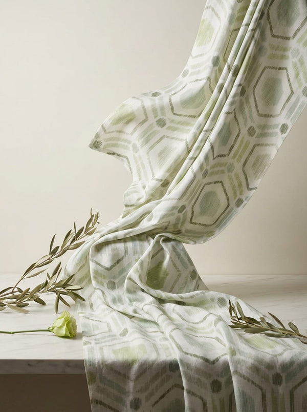 Green Abstract Geometric Hexagon Pattern Linen Digital Printed Fabric - Fabric Editorial Studio Flatlay Lookbook - POLI-0-PA10511-110