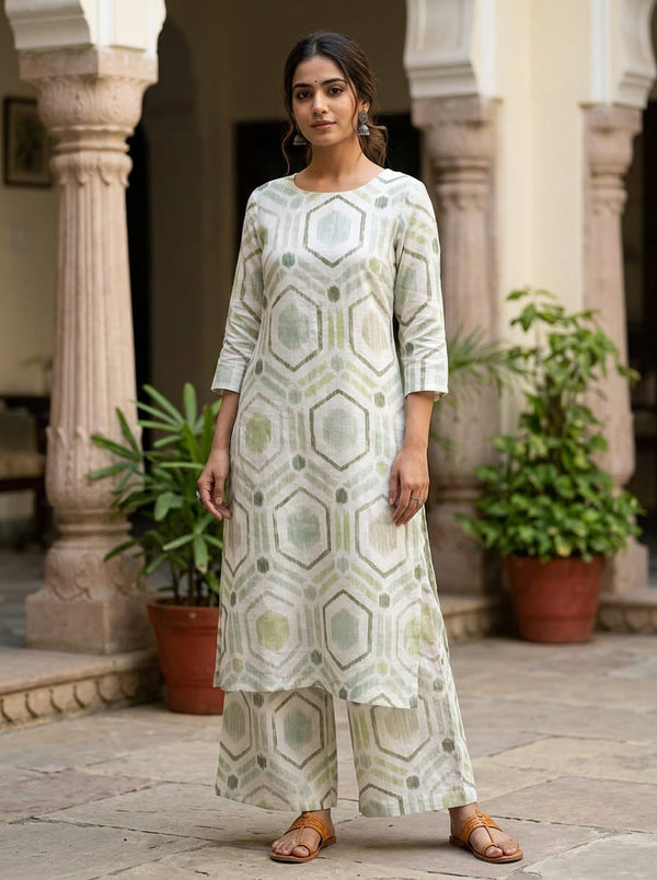 Green Abstract Geometric Hexagon Pattern Linen Digital Printed Fabric - Straight Kurta with Palazzo Lookbook - POLI-0-PA10511-110 - alternate view