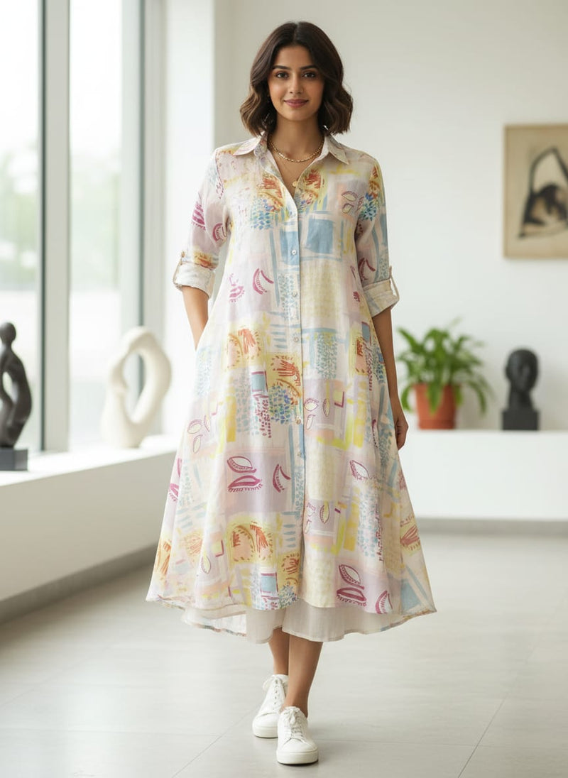 Multicolor Abstract Brushstroke Pattern Linen Digital Printed Fabric