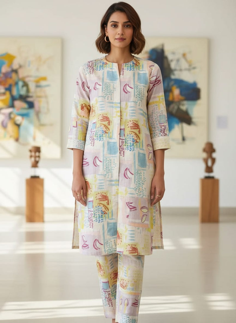 Multicolor Abstract Brushstroke Pattern Linen Digital Printed Fabric