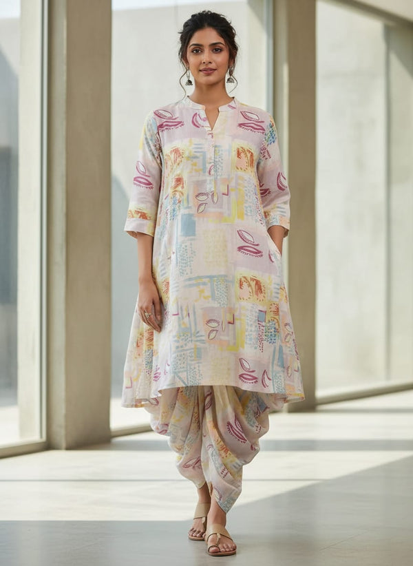Multicolor Abstract Brushstroke Pattern Linen Digital Printed Fabric - Dhoti Pants with Kurta Lookbook - POLI-0-PA10630-110 - alternate view