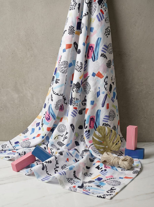 Multicolor Abstract Botanical Sketch Linen Digital Printed Fabric - Fabric Editorial Studio Flatlay Lookbook - POLI-0-PA10647-110