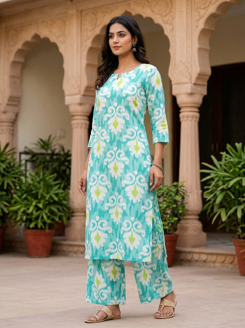 Teal and Green Ethnic Ikat Pattern Linen Digital Printed Fabric