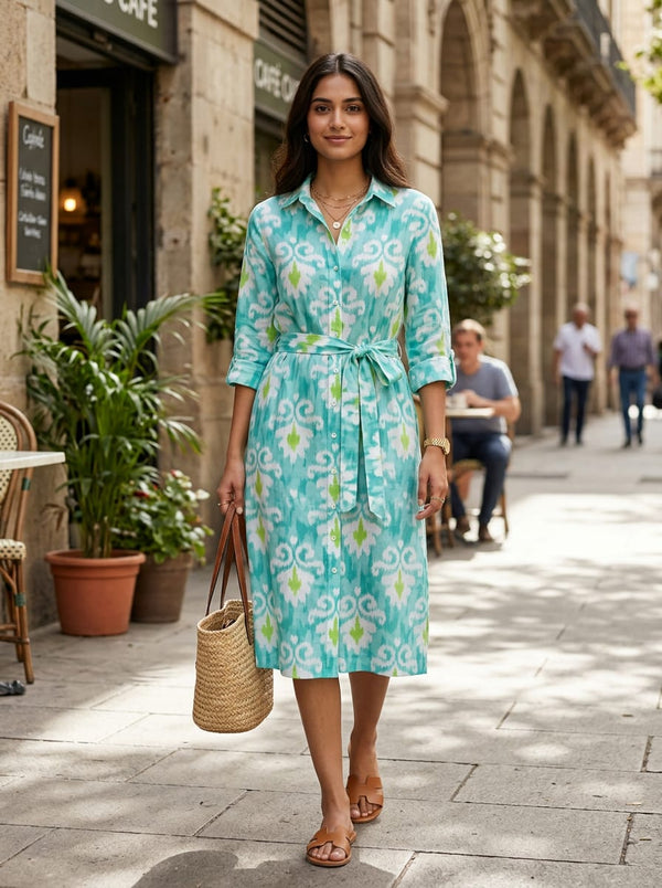 Teal and Green Ethnic Ikat Pattern Linen Digital Printed Fabric - Shirt Dress Lookbook - POLI-0-PA10782-110 - alternate view