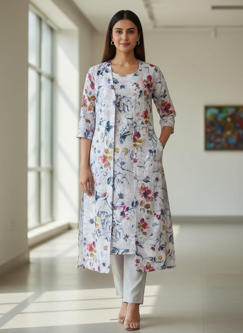 Lilac Floral Printed Linen Fabric