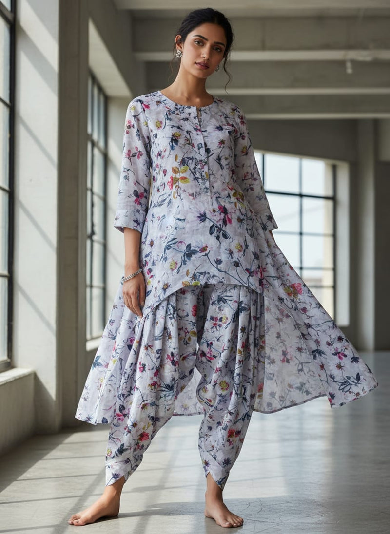 Lilac Floral Printed Linen Fabric