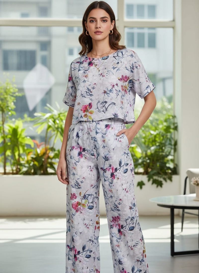 Lilac Floral Printed Linen Fabric
