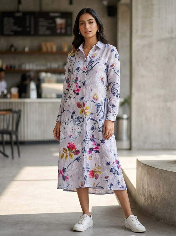 Multicolor Watercolor Floral Garden Linen Digital Printed Fabric - Shirt Dress Lookbook - POLI-0-PA11204-110 - alternate view