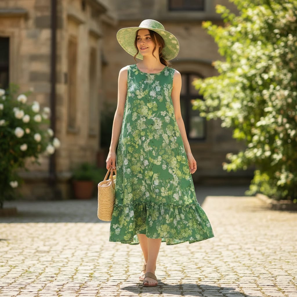 Green Floral Printed Linen Fabric