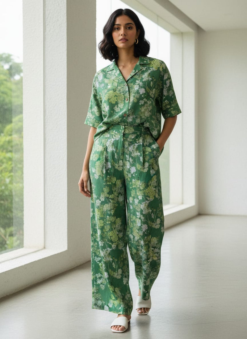 Green Floral Printed Linen Fabric