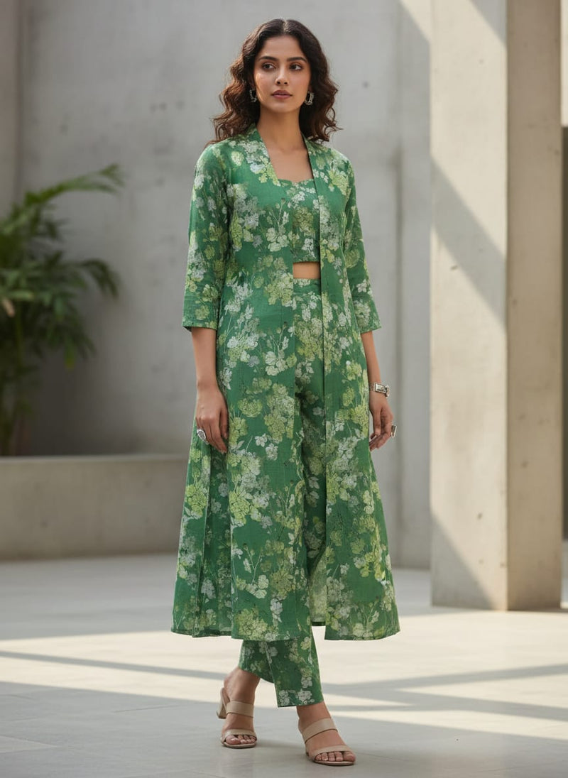 Green Floral Printed Linen Fabric