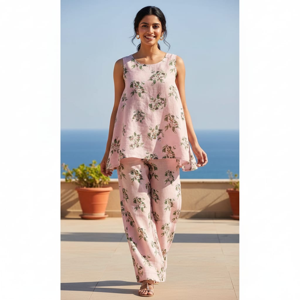 Pink Floral Printed Linen Fabric