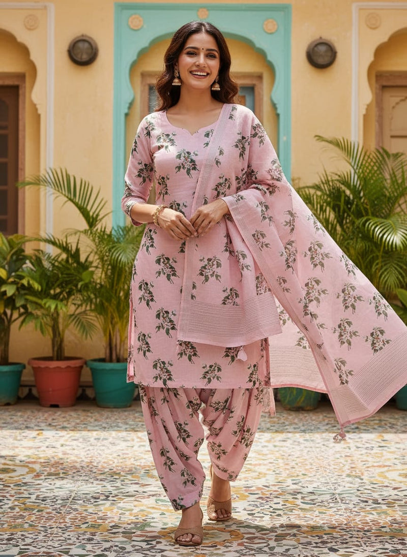 Pink Floral Printed Linen Fabric