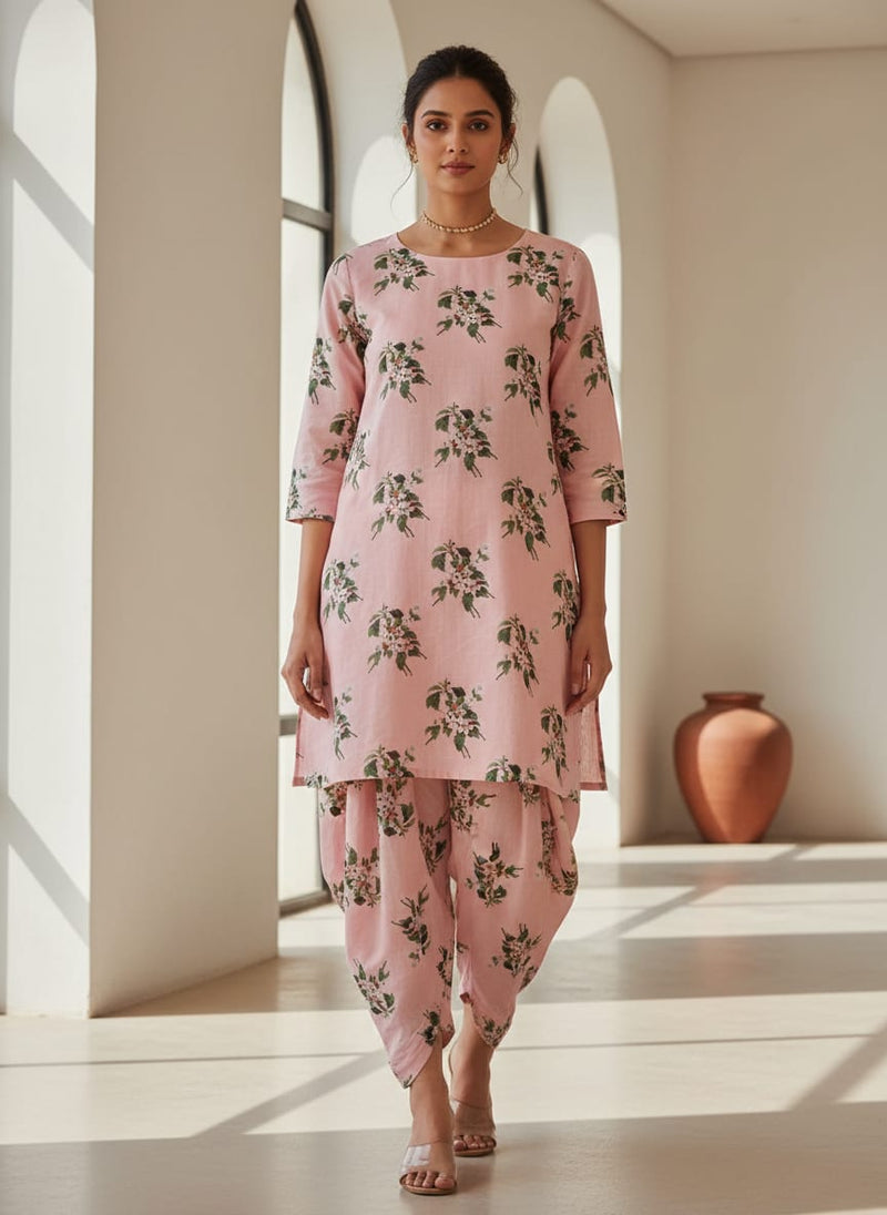 Pink Floral Printed Linen Fabric