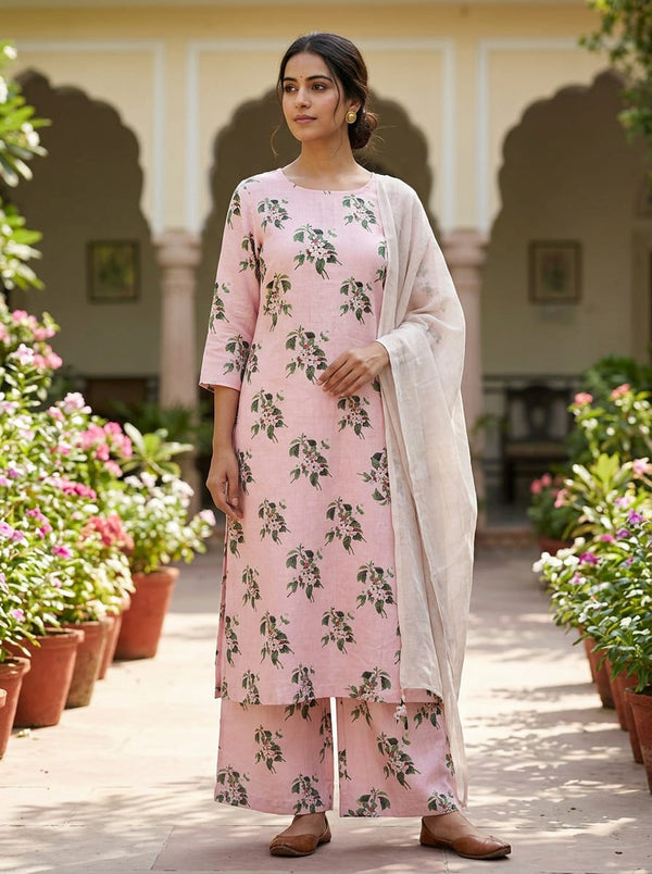 Pink Dainty Apple Blossom Branch Linen Digital Printed Fabric - Straight Kurta with Palazzo Lookbook - POLI-0-TA08449N-110 - alternate view