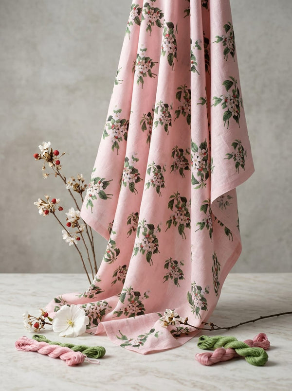 Pink Dainty Apple Blossom Branch Linen Digital Printed Fabric - Fabric Editorial Studio Flatlay Lookbook - POLI-0-TA08449N-110